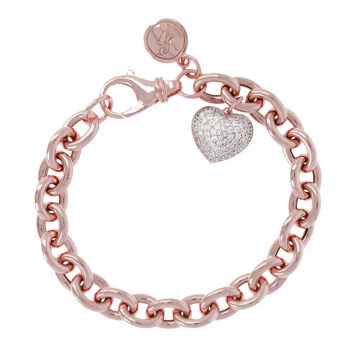 Bracciale Catena Rolo con Ciondolo Cuore Pavé in Cubic Zirconia