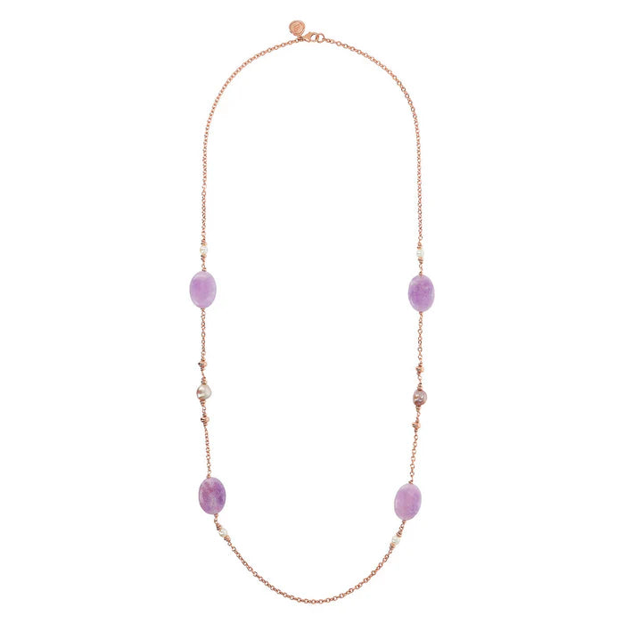 Collana Catena Rolo con Quarzite Viola e Perle d'Acqua Dolce Multicolore Ø 6/9 mm