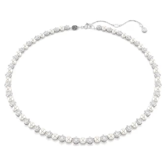 Collana Tennis Matrix Crystal Pearl, Taglio Round, Bianca, Placcato rodio